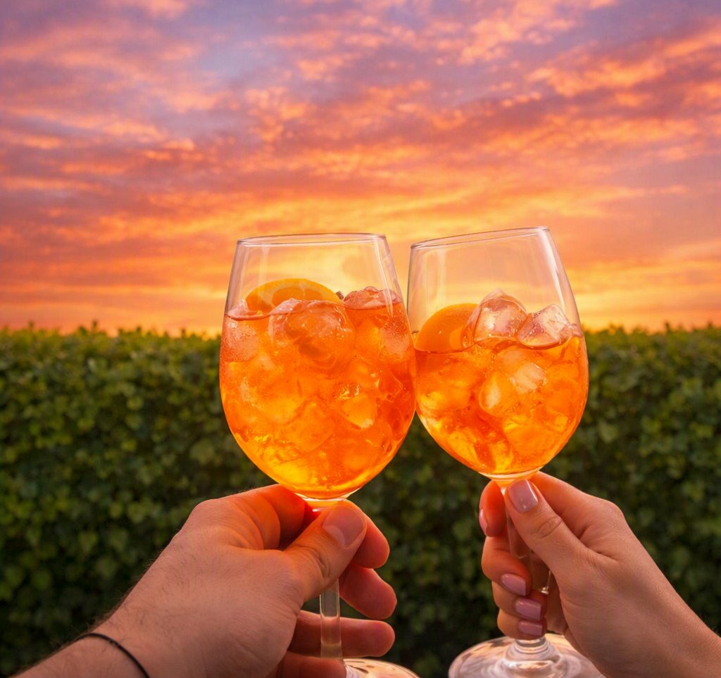 Two Aperol Spritzes raised in a toast at golden hour at an outdoor event