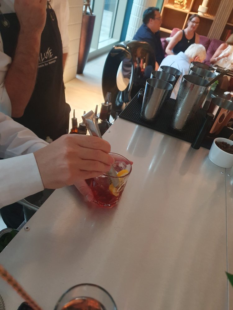 Close-up of a Negroni being made at the Salute bar