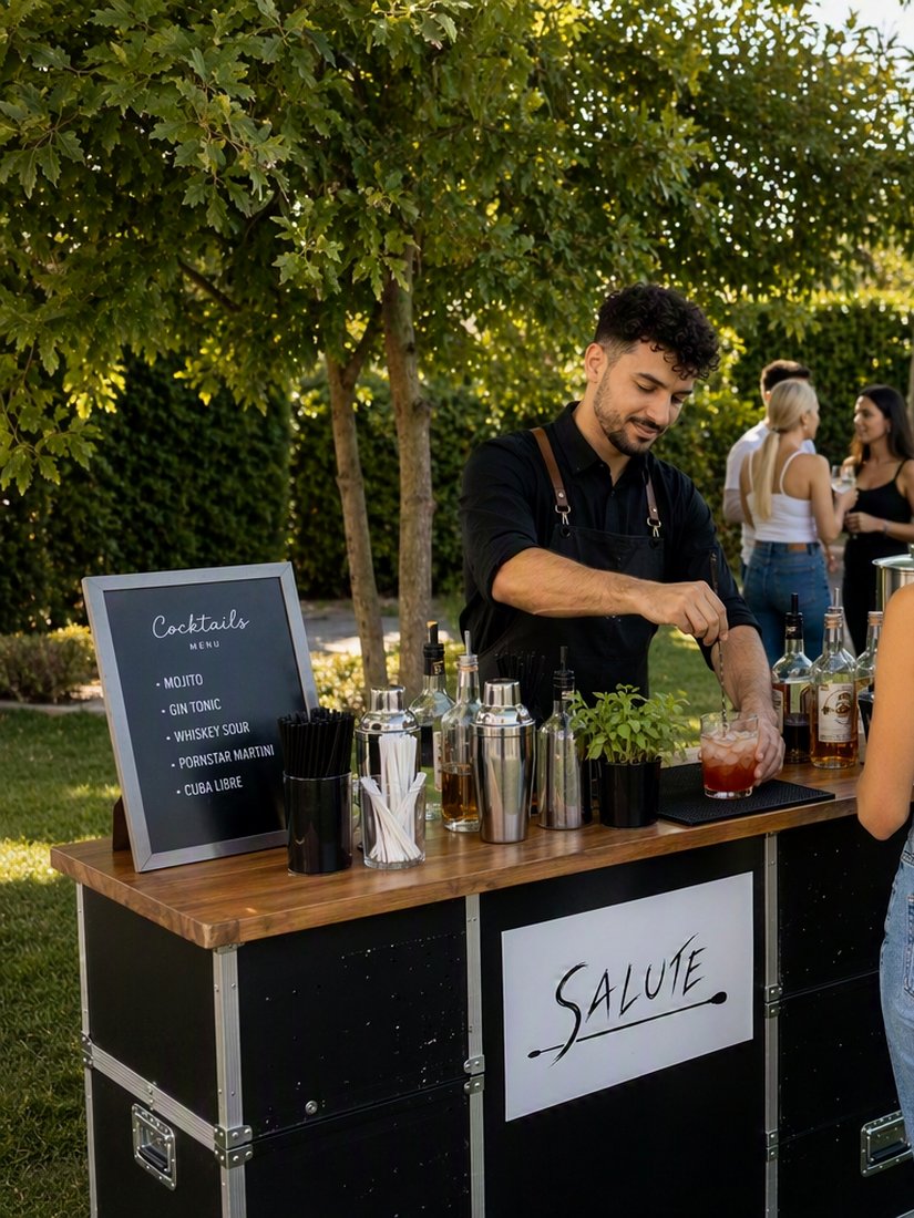Salute mobile bar serving guests at an outdoor garden event