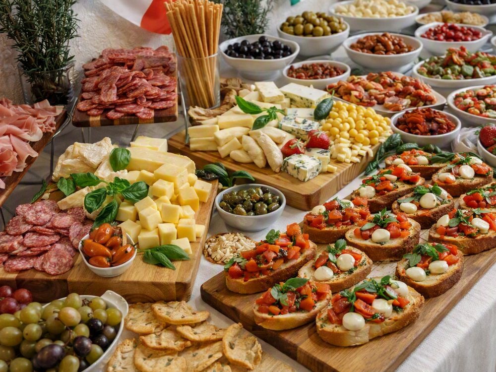 An Italian aperitivo grazing table with charcuterie, cheese and bruschetta